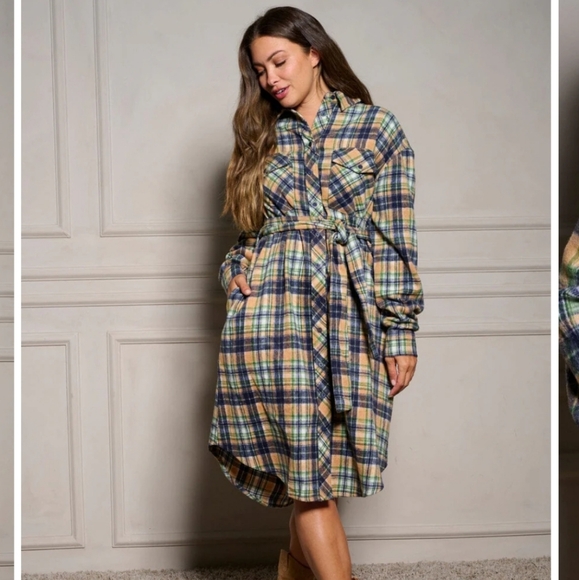 💕14 WOMEN'S LONG SLEEVE BUTTON UP SELF TIE PLAID MIDI DRESS LIVE! - Picture 1 of 4